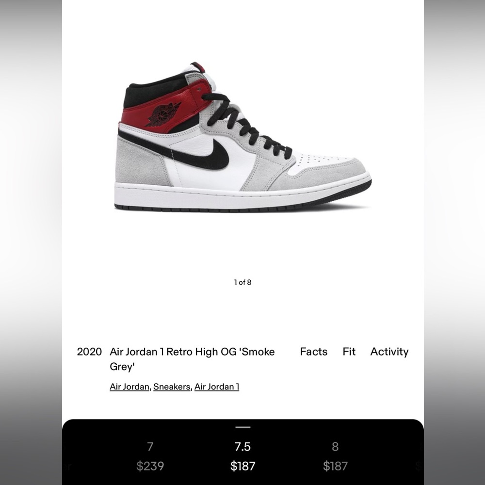 AIR JORDAN 1 RETRO HIGH OG ‘SMOKE GREY’ SIZE 7.5 MENS